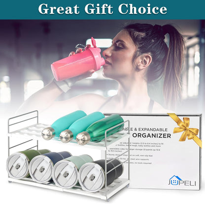 10.6-16.7" Adjustable Width Water Bottle Organizer for Cabinet, 3-Tier Expandable Water Bottle Holder Rack, Cup and Tumbler Storage for Kitchen Organization, Sports Flask, Insulated Travel Mug, Fridge