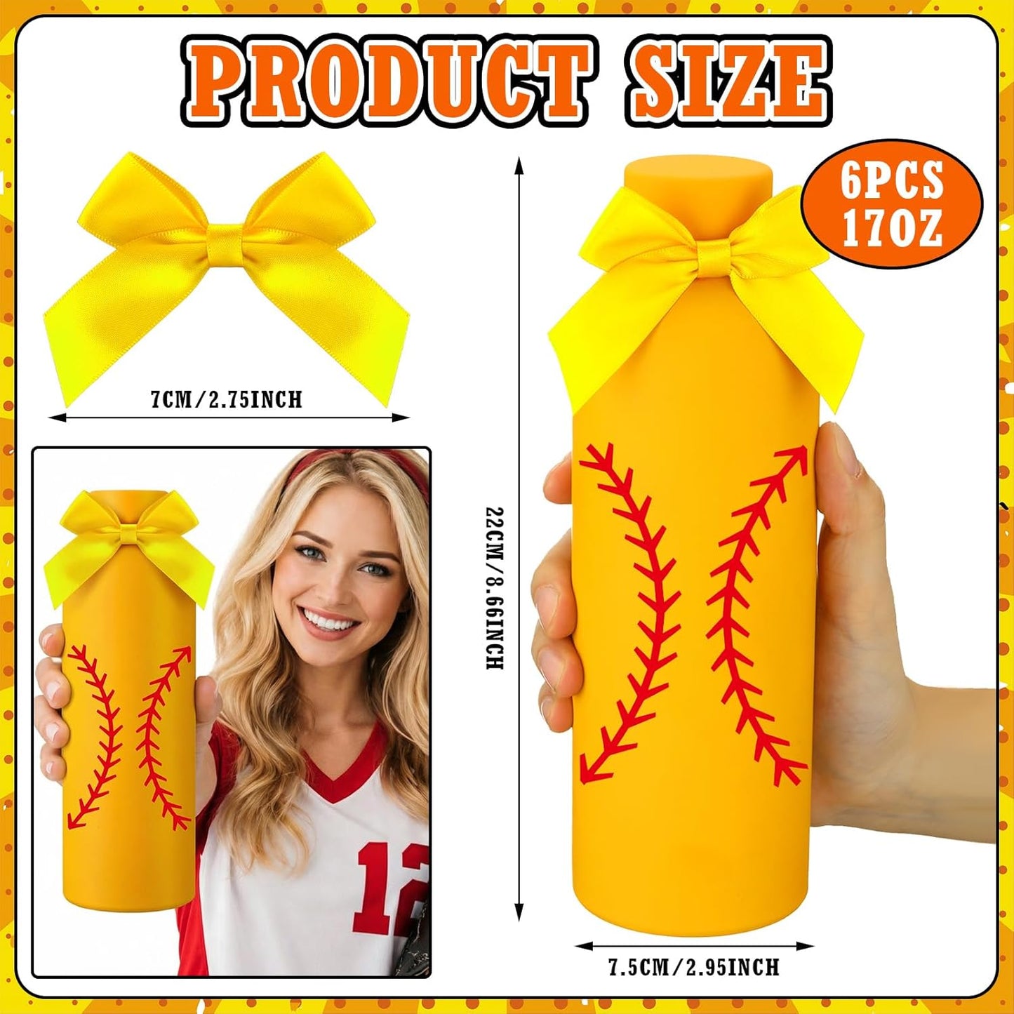 6 Pcs Softball Team Gifts Water Bottles Bulk 17 oz Softball Party Favors Decorations Stainless Steel Sports Tumblers with Bow Vacuum Insulated Reusable Leakproof Bottles for Birthday Father
