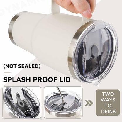 30 oz Tumbler With Handle, Double Wall Stainless Steel Vacuum Insulated Travel Mug with Splash-Proof Lid Metal Straw and Brush (Cream)