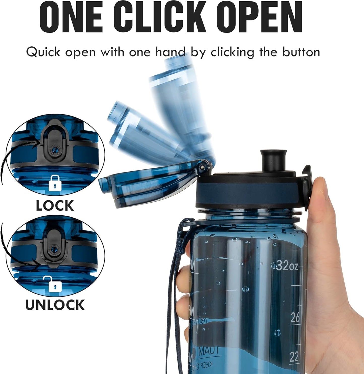 OLDLEY Water Bottle, 32oz Motivational Sports Water Bottle with Time Marker - Times to Drink - Tritan, BPA Free, Wide Mouth Leakproof, Clear (1 Bottle)