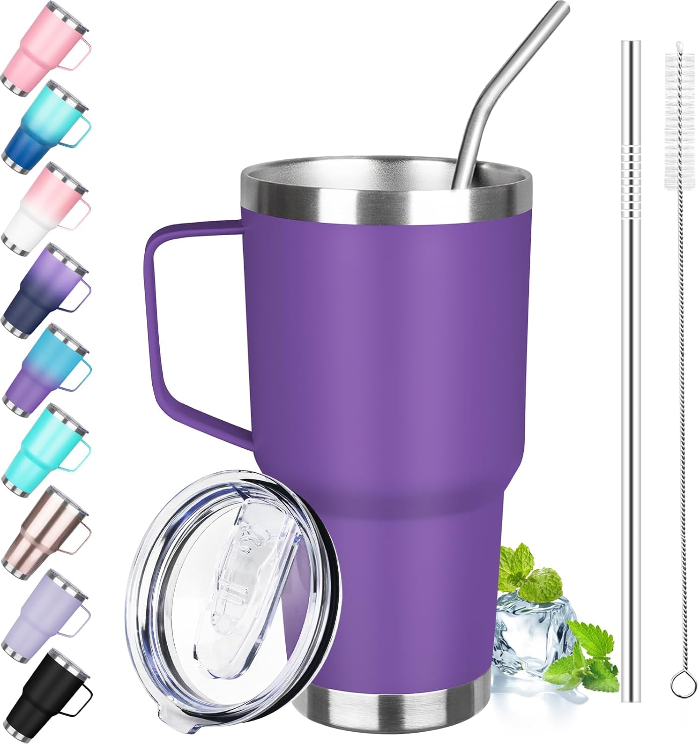 40 oz Tumbler with Handle, Insulated Tumbler with Lid and Straw, Reusable Stainless Steel Vacuum Insulated Cup, 100% Leak Proof Thermal Travel Coffee Mug Cup for Cold and Hot (Light Purple)