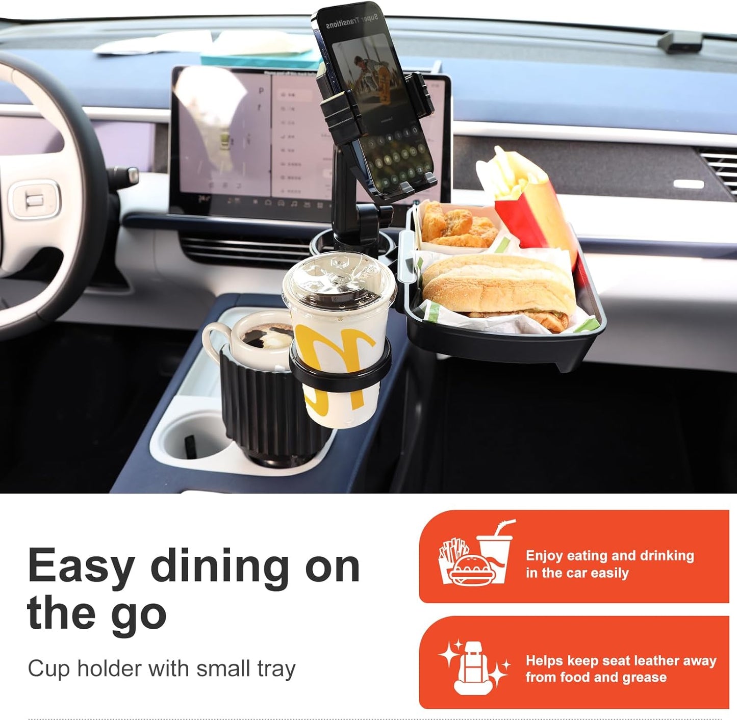 Car Large Cup Holder Expander, 5-in-1 Cupholder Extender with Phone Holder & Swivel and Detachable Snack Food Tray Table for Eating, Travel Essentials for Road Trips for Driver. Model C