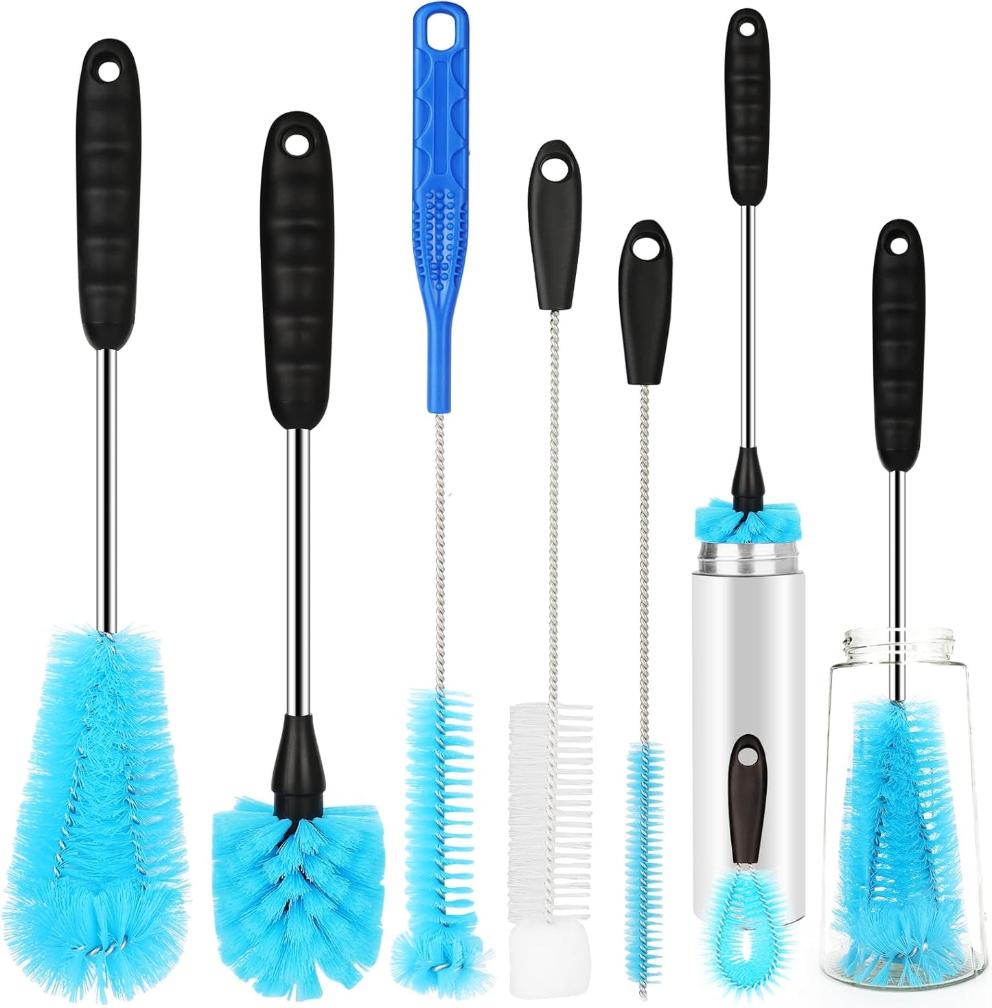5 Pack Bottle Cleaning Brush Set, Stainless Steel Scrub Cleaner Brush with 14'' Long Handle and 3 Straw Brushes, Flexible for Cleaning Sport Water Bottles, Straws, Coffee Mug, Cups, Baby Bottle