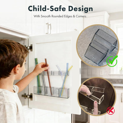 Acrylic Straw Holder for Cabinet Door - Child-Safe Organizer & Dispenser with Smooth Rounded Edges for Kitchen Accessories Storage, Adhesive Circles Included (Clear Transparent)