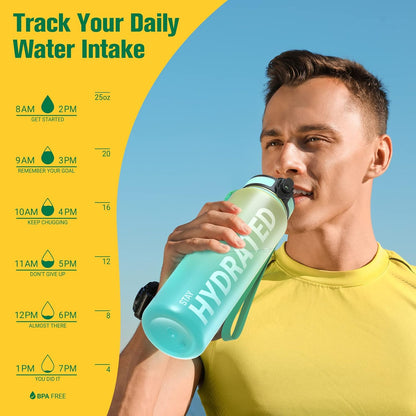 Sahara Sailor Water Bottle 32oz, Durable and Leakproof Water Bottles Motivational with Time Marker, Tritan, BPA Free, Wide Mouth with Easy Clean Brush for Gym, Travel, Home, School, Office (1 Bottle)
