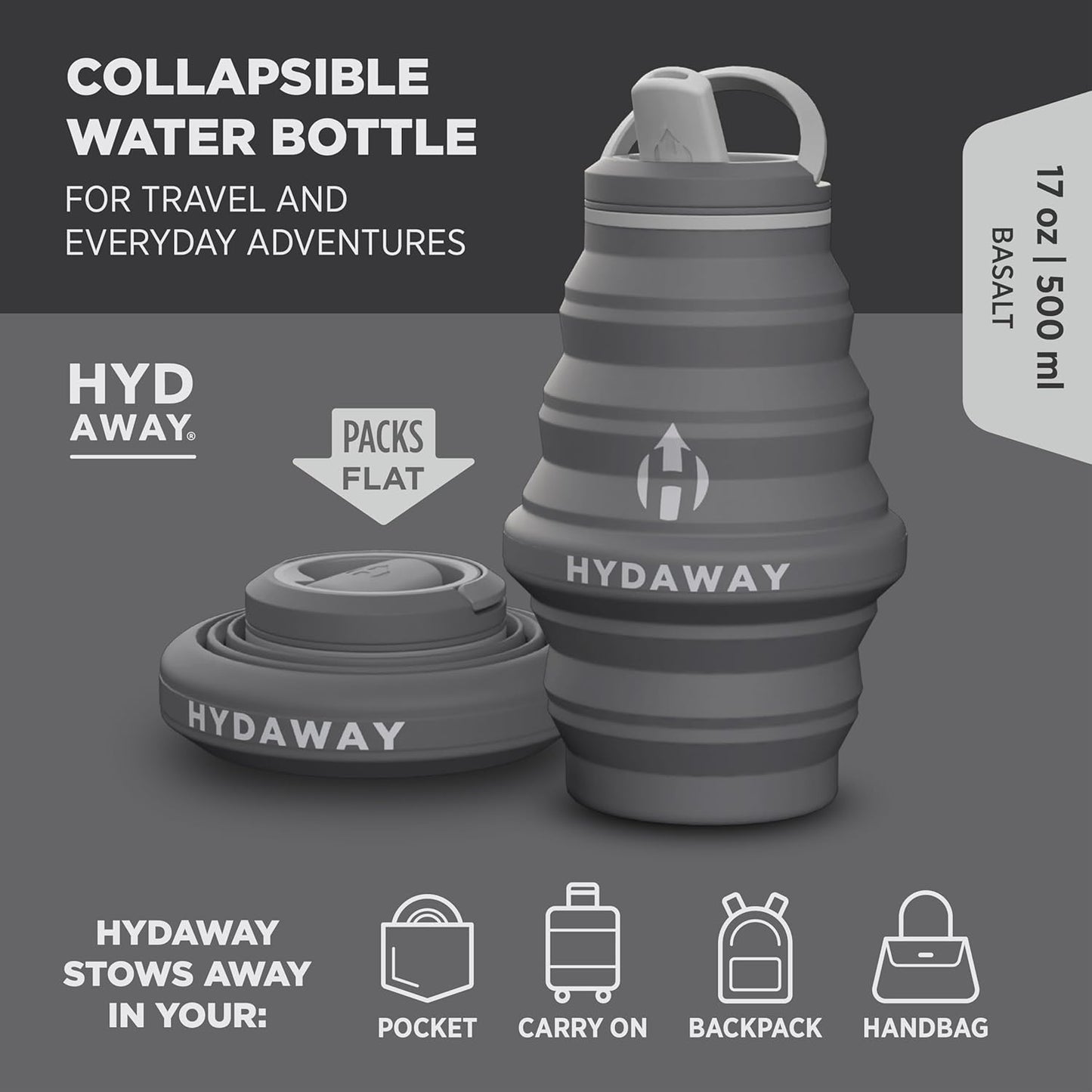 HYDAWAY 17oz Travel Collapsible Water Bottle - BPA-Free, Leakproof, Lightweight, Space-Saving