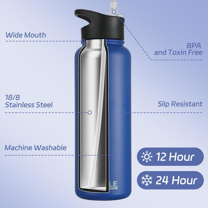 HASLE OUTFITTERS 32 oz Insulated Water Bottle Stainless Steel Double Walled Vacuum Sports Water Bottle with 2 Lids (Straw and Spout Lid) for Gym Camping Hiking(Black,1)