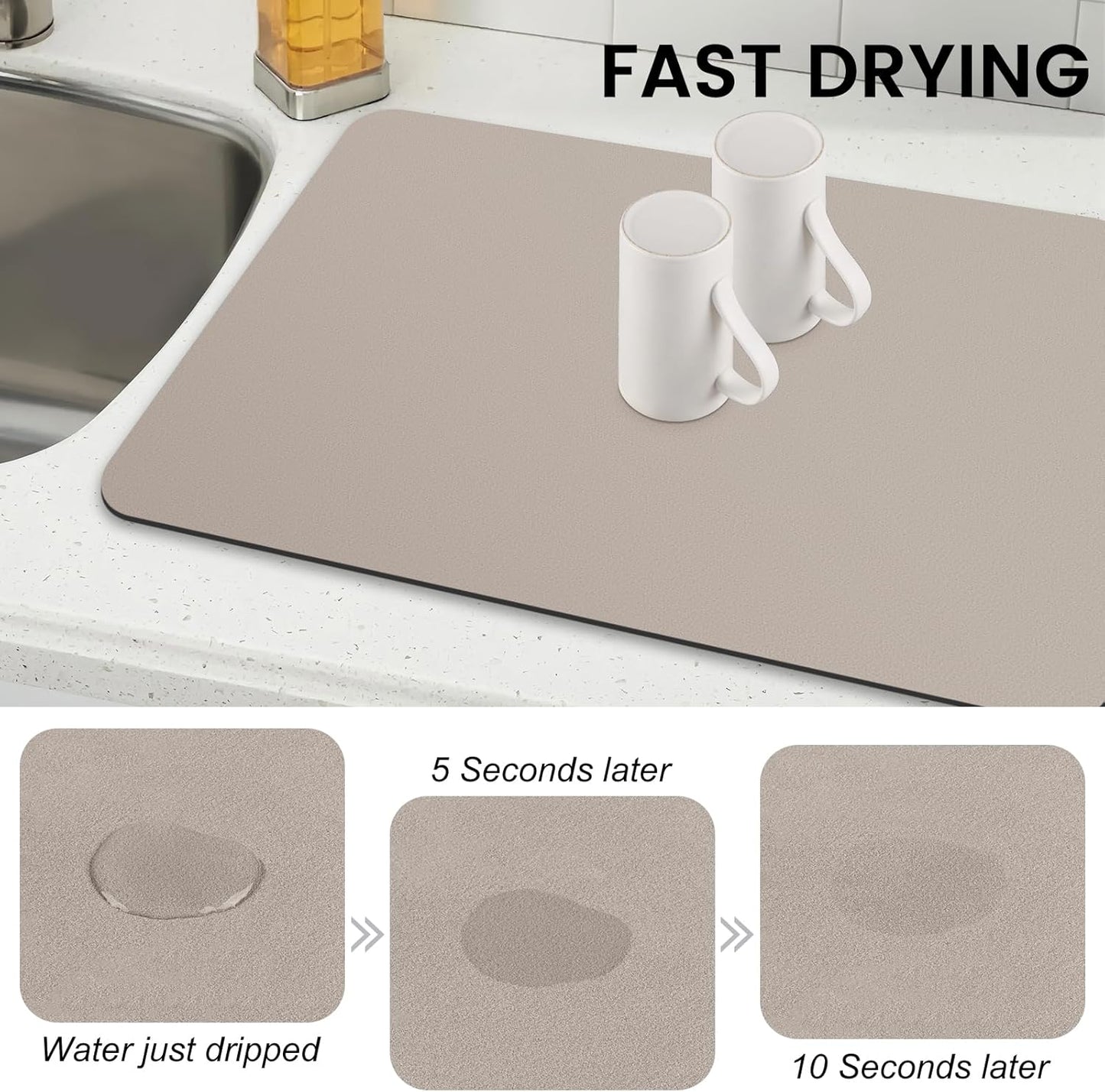 WISELIFE Dish Drying Mat Super Absorbent Drying Mat Large Dish Drying Mats for Kitchen Counter Easy Clean Dish Mat Kitchen Drying Mat15"x 18" Stylish Grey
