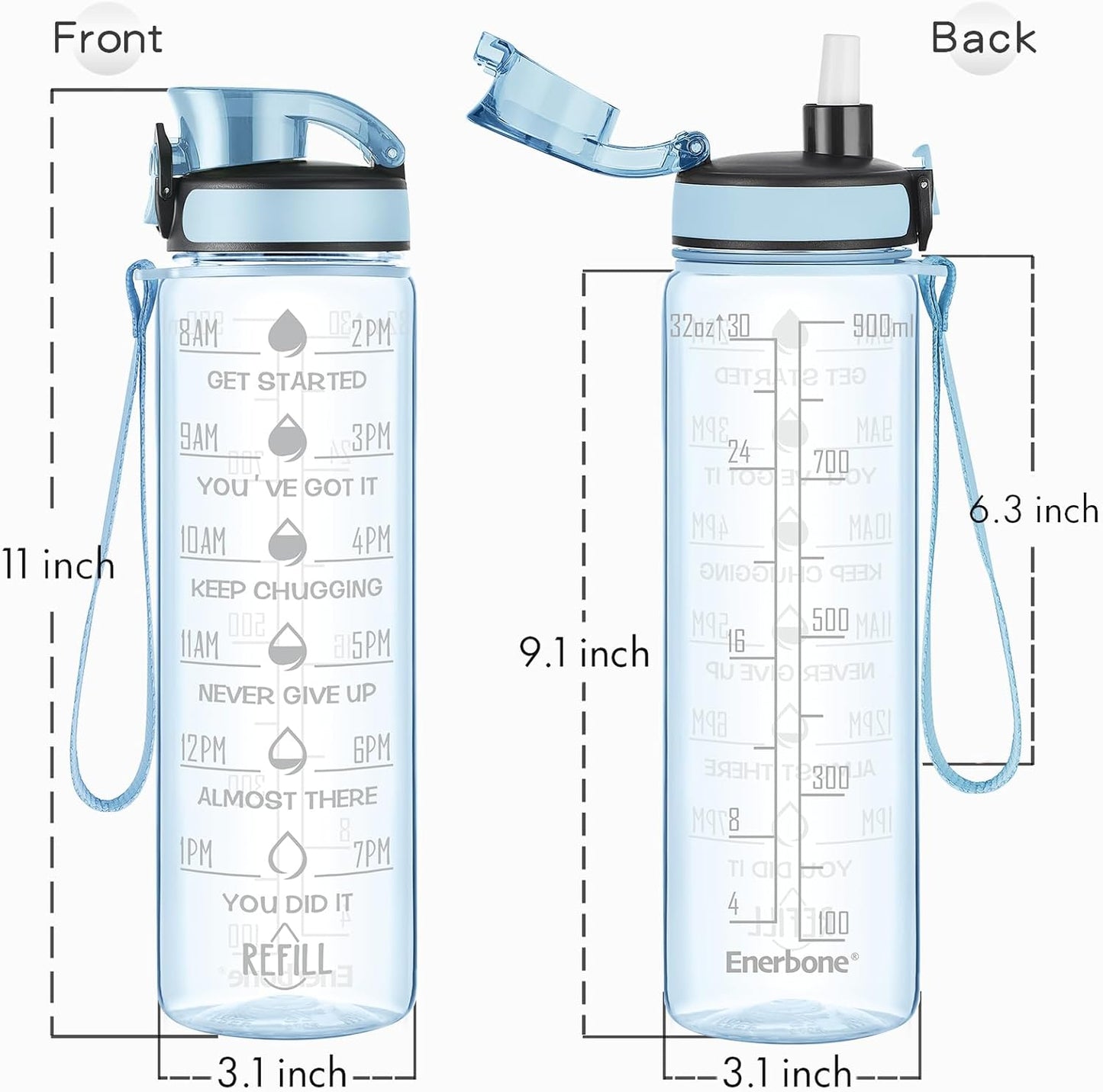 Enerbone Water Bottle, Leakproof BPA & Toxic Free, Motivational Water Bottle with Times to Drink and Straw, Fitness Sports Water Bottle with Strap for Office, Gym, Outdoor Sports