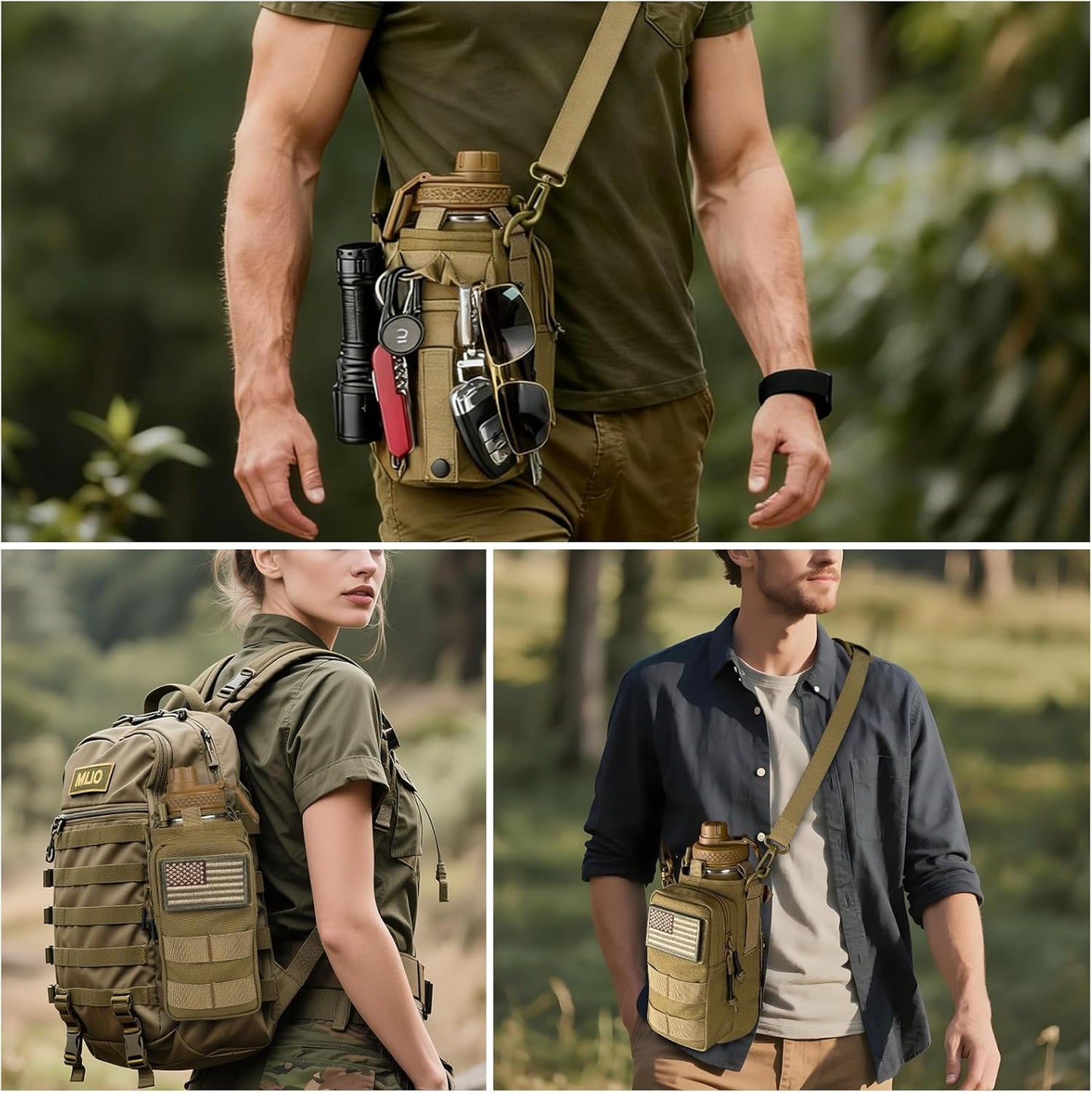 Water Bottle Holder with Strap - Tactical Insulated Water Bottle Sleeve with MOLLE System Water Bottle Cover Cross-Body Pouch for Walking Hiking Camping Gym 32oz&40oz