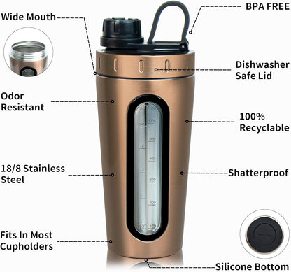 TOOFEEL Shaker Bottles for Protein Mixes 28 oz Stainless Steel Protein Shaker with 2 Mixing Ball, Not Stays Cold/Hot, Visible Window Metal Shaker Cups, Leakproof, BPA Free Bottle Shaker