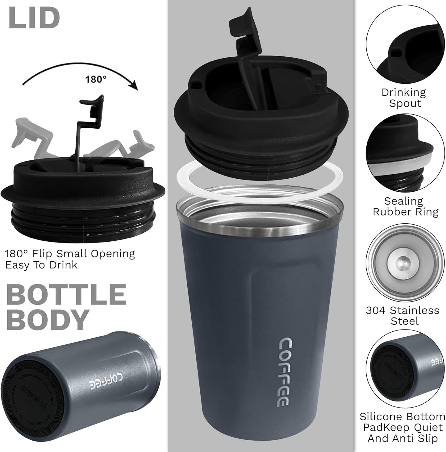 YINBAOGE Insulated Travel Coffee Mug, Spill & Leak Proof, Portable To Go Camping Stainless Steel Coffee Tumbler, Reusable Thermal Coffee Cup with Lid for Hot & Cold Drinks (Black, 12 OZ)
