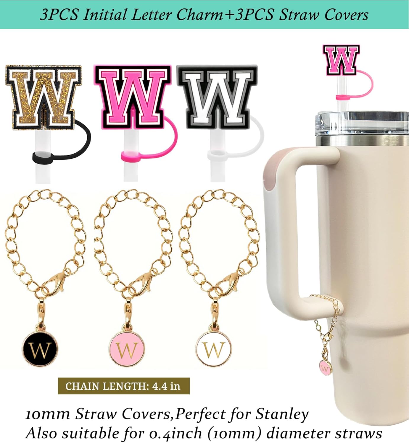 （3 +3) 3PCS Nuozme Straw Cover 10mm For Stanley Tumbler Cup Reusable Straw Cap Topper with 3 Initial Letter Charms Accessories Name ID Personalized Handle Charm For Stanley 30&40 Oz Cup Tumbler - Colors B