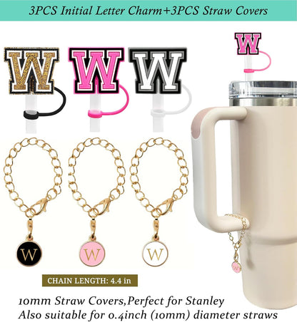 （3 +3) 3PCS Nuozme Straw Cover 10mm For Stanley Tumbler Cup Reusable Straw Cap Topper with 3 Initial Letter Charms Accessories Name ID Personalized Handle Charm For Stanley 30&40 Oz Cup Tumbler - Colors B