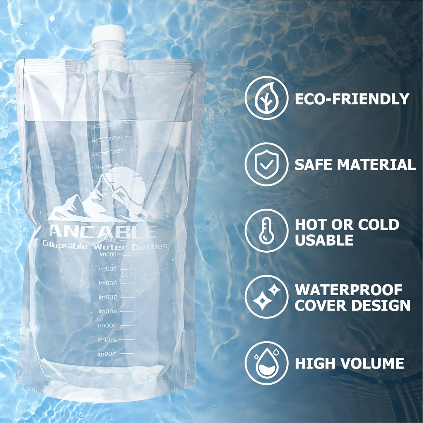 Ancable 33oz (1L) Collapsible Water Bottles, 3-Pack Reusable Travel Foldable Water Bottles for Hiking Camping Running Bike, BPA-Free Water Bottle