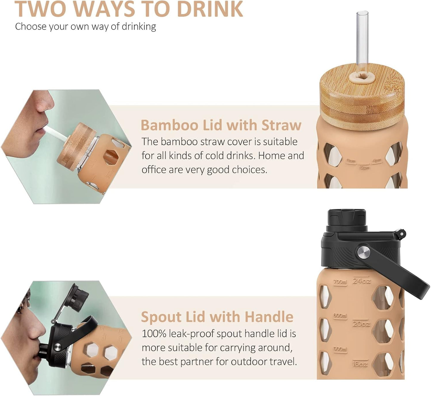 MUKOKO Glass Water Bottles, 32oz Glass Tumbler with Straw, Drinking Bottles with 2 Lids-Handle Spout Lid&Bamboo Straw Lid, Motivational Water Bottle with Time Marker and Silicone Sleeve, 1 Pack-Olive