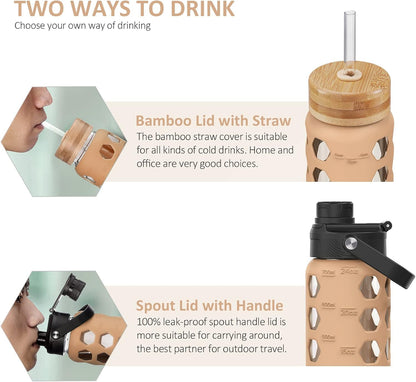 MUKOKO Glass Water Bottles, 32oz Glass Tumbler with Straw, Drinking Bottles with 2 Lids-Handle Spout Lid&Bamboo Straw Lid, Motivational Water Bottle with Time Marker and Silicone Sleeve, 1 Pack-Olive