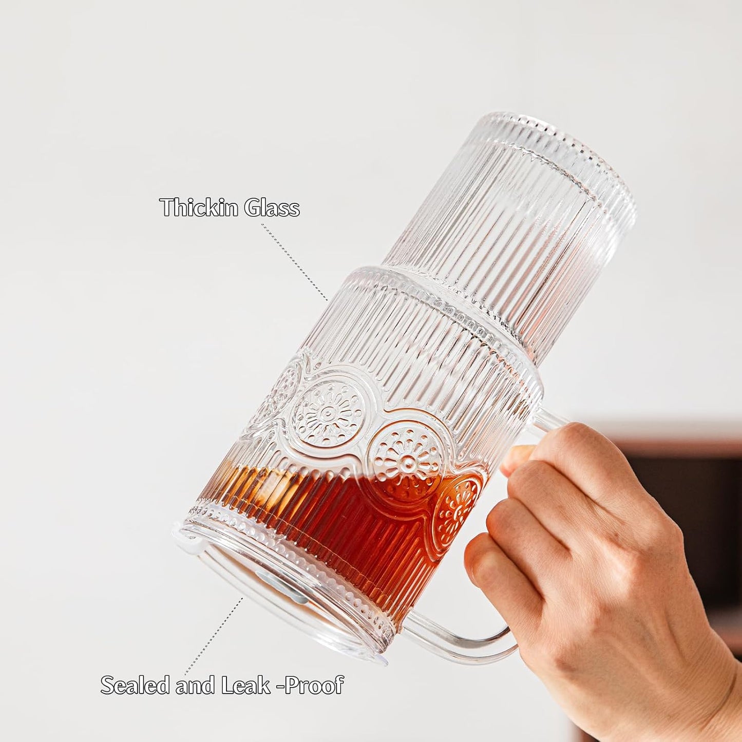 INSETLAN 24oz Ribbed Glass Tumbler with Handle & Lid – 2-Pack Large Iced Coffee Cups with Straws, Modern Glass Mug for Cold & Hot Beverages, Aesthetic Travel Cup for Smoothies, Tea, and Juice