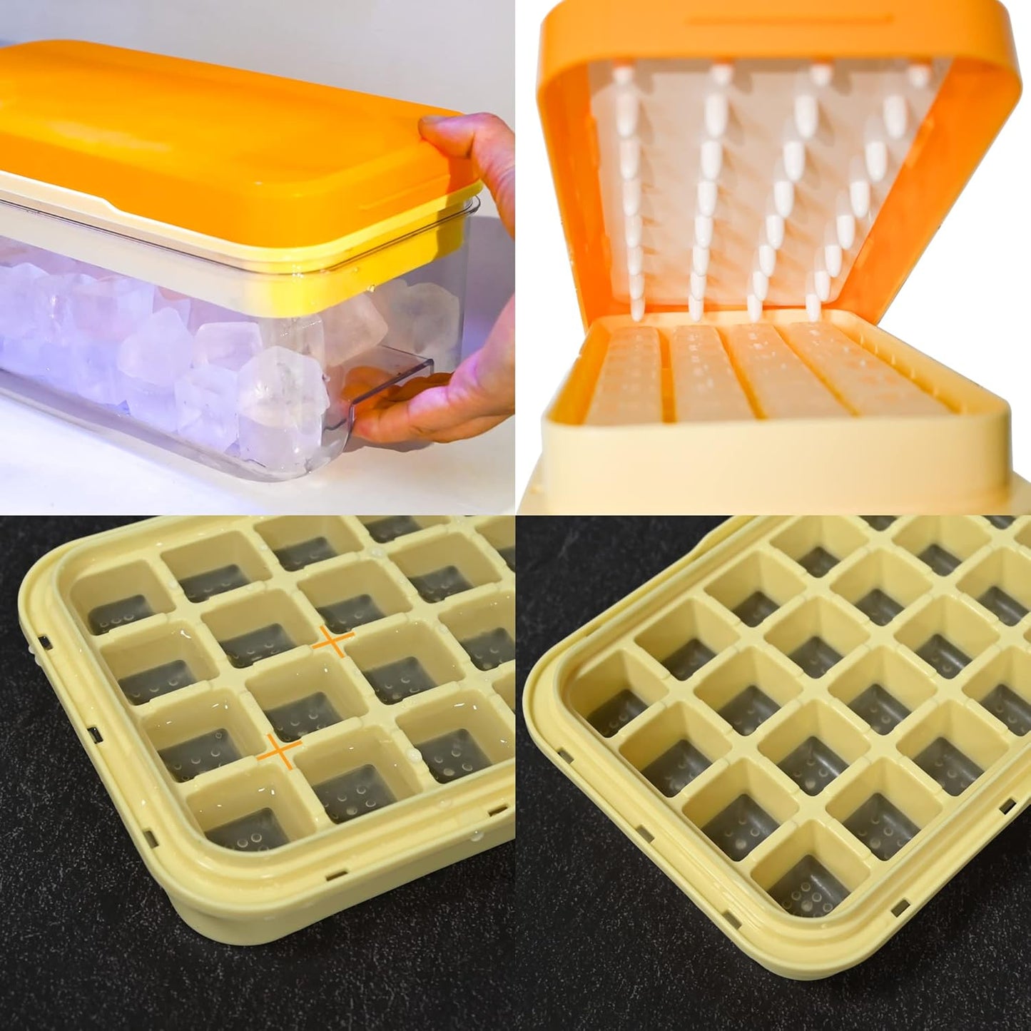 Ice Trays for Freezer with Lid & Bin, Ice Cube Tray Making 64 pcs Ice Cubes, Easy Press to Release Ice, Ice Tray with Storage Bin Chilling Cocktail Whiskey Coffee 2 Trays 1 Ice Bucket & Scoop (Black)