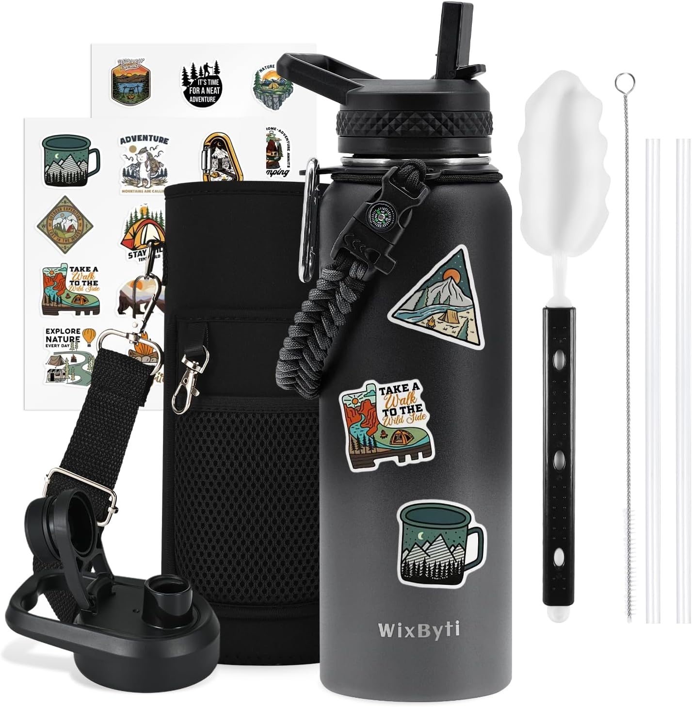 WixByti 40 oz Insulated Water Bottle with Straw (Cold for 36 Hrs), Stainless Steel Triple Wall Vacuum Sports Water Jug, Leakproof Hydro Cup Flask with Paracord Handle & Straw Spout Lids & DIY Stickers