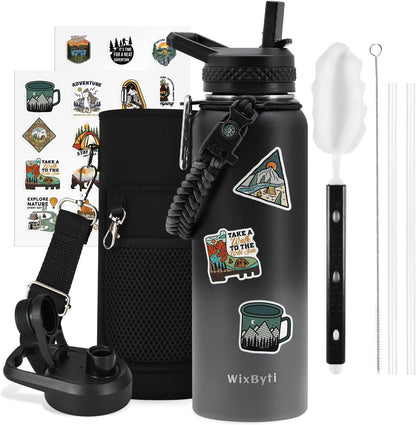 WixByti 40 oz Insulated Water Bottle with Straw (Cold for 36 Hrs), Stainless Steel Triple Wall Vacuum Sports Water Jug, Leakproof Hydro Cup Flask with Paracord Handle & Straw Spout Lids & DIY Stickers