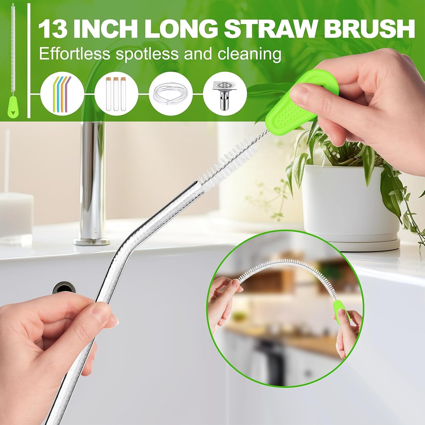 Rnoafmu Bottle Brush Cleaner Set of 3, 14 in Long Handle Water Bottle & Straw Cleaner Brushes for Washing Tumblers, Baby Bottles, Cup Lid Cleaning Brush