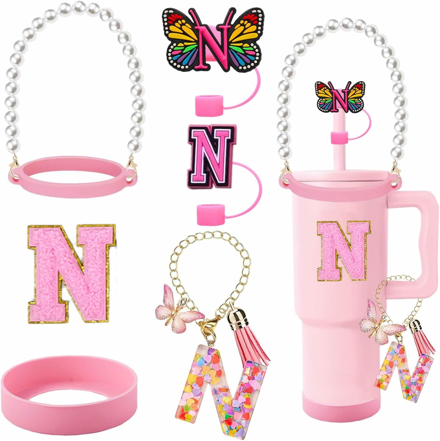 7pcs Cup Accessories for Stanley 30/40oz Tumbler, Handle Strap, Straw Cover, Silicone Boot, Letter Charm Stickers