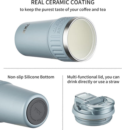 TKK Insulated Coffee Mug with Ceramic Coating, 21oz Iced Coffee Tumbler Cup with Straw Lid Double Wall Vacuum Leak Proof Travel Mug with Strap for Hot and Iced Beverage, Tungsten Steel
