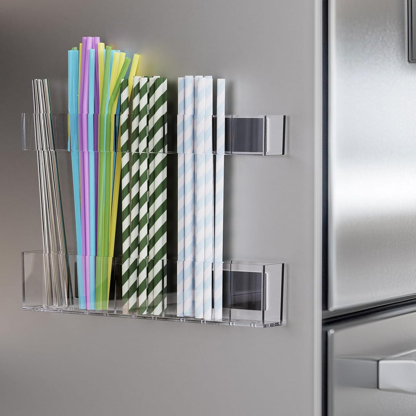 Upgraded 9.5'' Large Acrylic Straw Holder for Cabinet Door, Adjustable Space-Saving Straw Organizer Storage Dispenser for Cabinet with Ultra Sticky Adhesive Strips, 2-Part Rack, Drainage Holes