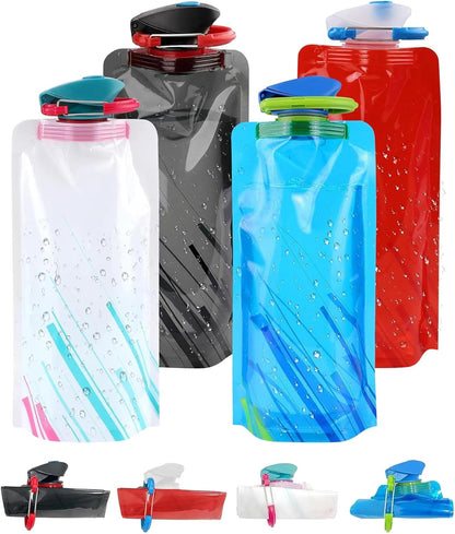 4 Pack Collapsible Water Bottle with Carabiner, 23oz Foldable Reusable BPA-Free Water Bottles with Leakproof Lid for Traveling Hiking Camping Biking