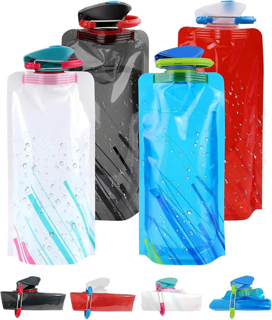 4 Pack Collapsible Water Bottle with Carabiner, 23oz Foldable Reusable BPA-Free Water Bottles with Leakproof Lid for Traveling Hiking Camping Biking