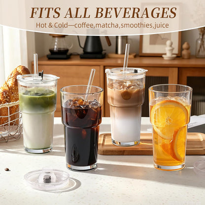 Iced Coffee Cups with Lids: Coffee Bar Accessories - Ribbed Glass Tumbler with Straw and Lid 4Pcs - 20oz Leak Proof Tumbler - Reusable Glass Cups and Tumblers with Lid and Straws for To Go Iced Coffee