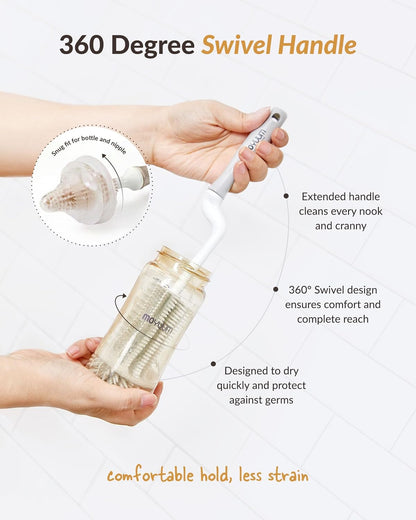 Moyuum Silicone Baby Bottle and Nipple Brush Set | Made in Korea, 360 Degree Rotating Handle, Soft Bristles, Hanging Hole for Quick Drying and Storage, Dishwasher Safe (Cool Grey)