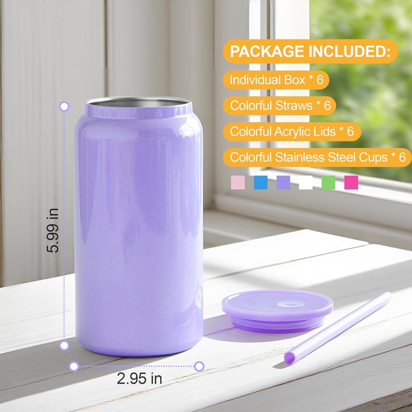 6 Pack Glass Cups with Lids and Straws Unbreakable 16 oz Stainless Steel Can Cup Double Wall Insulated Beer Can Tumbler for Iced Coffee, Juice, Soda, Matte-Colored