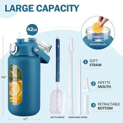 64oz Glass Water Bottles with Straw, Half Gallon Motivational Glass Bottle with Silicone Sleeve and Time Marker, 2L Leakproof Large Glass Water Jug for Gym Home Office,olive