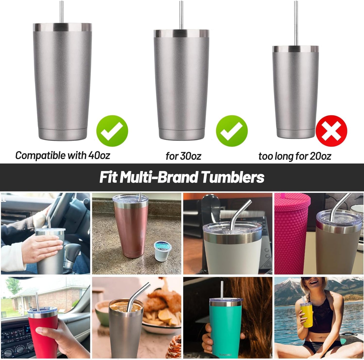 VEHHE Metal Straws Stainless Steel Straws Drinking Straws Reusable - 10.5" Ultra Long 4 + 1 - W/Cleaning Brush for 20/30 Oz for Yeti RTIC SIC Ozark Trail Tumblers (2 Straight|2 Bent|1 Brush)