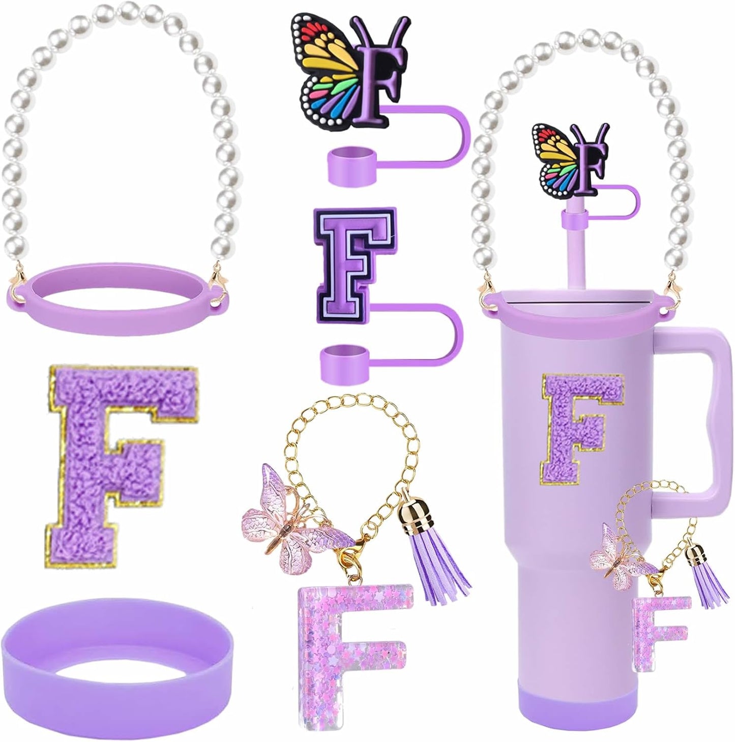 7pcs Cup Accessories for Stanley 30/40oz Tumbler, Handle Strap, Straw Cover, Silicone Boot, Letter Charm Stickers