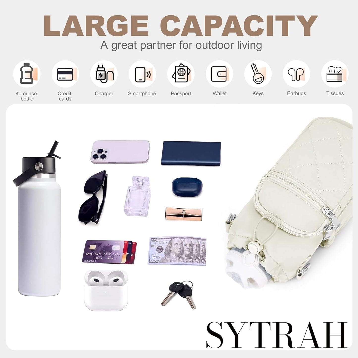 SYTRAH Water Bottle Carrier Bag with Strap, Water Bottle Purse with Phone Pocket 40oz for Walking Hiking