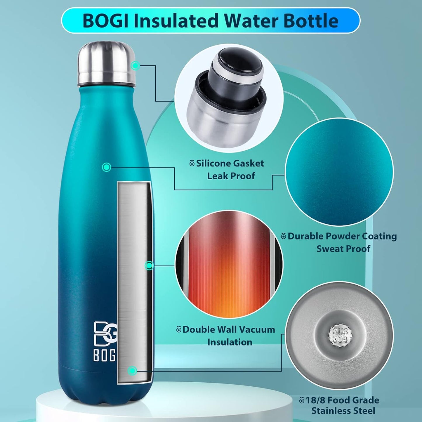 BOGI 17oz Insulated Water Bottle Double Wall Vacuum Stainless Steel Water Bottles, Leak Proof Metal Sports Water Bottle Keeps Drink Hot and Cold - Perfect for Outdoor Sports Camping Biking (Purple)