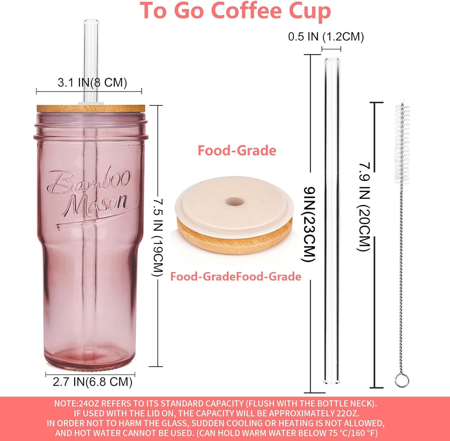 ANOTION Bamboo Mason Leakproof Mason Jar Cups with Lids and Straws, Cap Cup 24oz Glass Tumbler with Handle, Rotating Lid Silicone Straw, Reusable Iced Coffee Matcha Cup Coffee Gifts for Women 2pc