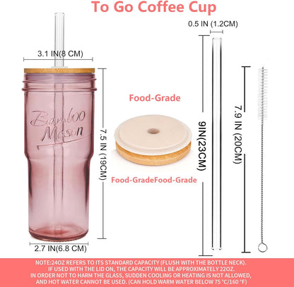ANOTION Bamboo Mason Leakproof Mason Jar Cups with Lids and Straws, Cap Cup 24oz Glass Tumbler with Handle, Rotating Lid Silicone Straw, Reusable Iced Coffee Matcha Cup Coffee Gifts for Women 2pc