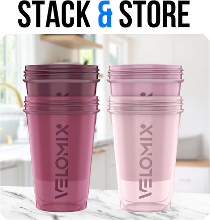 VELOMIX -4 PACK- 20 OZ Protein Shaker Bottle for Protein Mixes - 4x Wire Whisk | Leak Proof Shaker Cups for Protein Shakes | Stackable Protein Shaker Bottle Pack | Dishwasher Safe (Berry Blend)