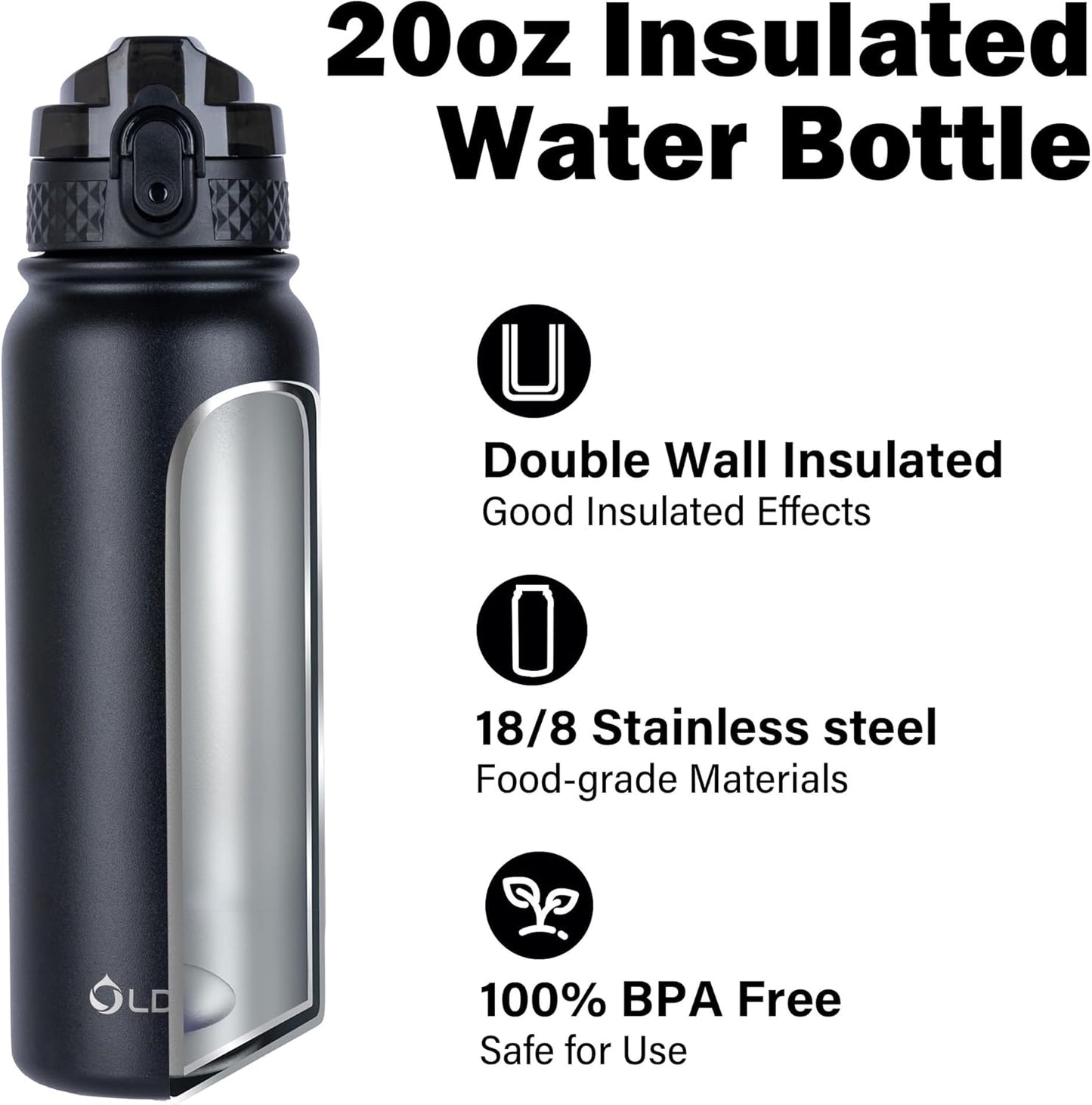 Oldley Insulated Water Bottle 20oz for Adults Kids Stainless Steel Water Bottles with Straw/Chug/Carabiner 3 Lids Fruit Strainer Double Wall Vacuum Wide Mouth BPA Free Leak-Proof for School Travel