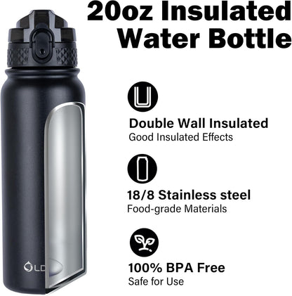 Oldley Insulated Water Bottle 20oz for Adults Kids Stainless Steel Water Bottles with Straw/Chug/Carabiner 3 Lids Fruit Strainer Double Wall Vacuum Wide Mouth BPA Free Leak-Proof for School Travel