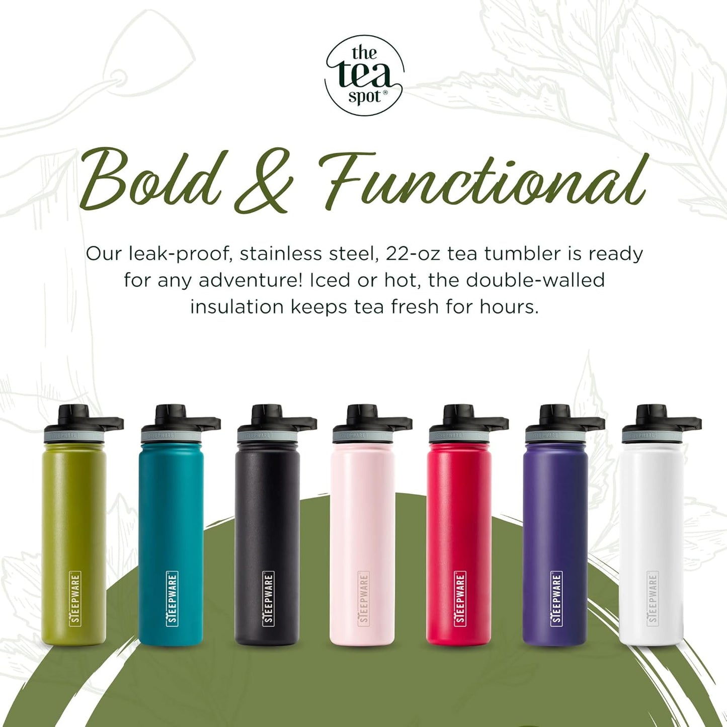 The Tea Spot Steepware Tea Tumbler and Thermos, 22oz, Tea Bottle with tea infuser for loose leaf tea or iced coffee, Sleek Double Wall Tumbler & Insulated Travel Bottle - Black