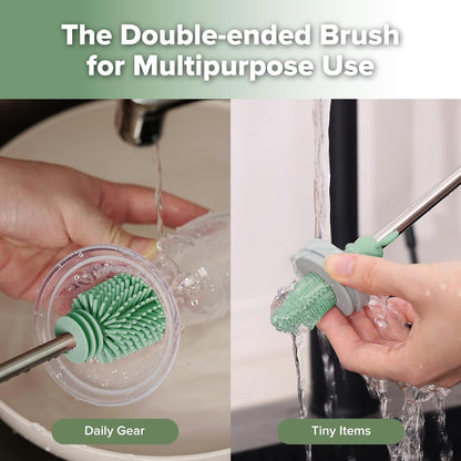 Haakaa Silicone Cleaning Brush for Baby Bottles and Crevices, Double-Ended Bottle Brush for Breast Pumps, Milk Collectors, Nipples and Breastmilk Storage Bags, Food-Grade Silicone, Pea Green, 1 Pack