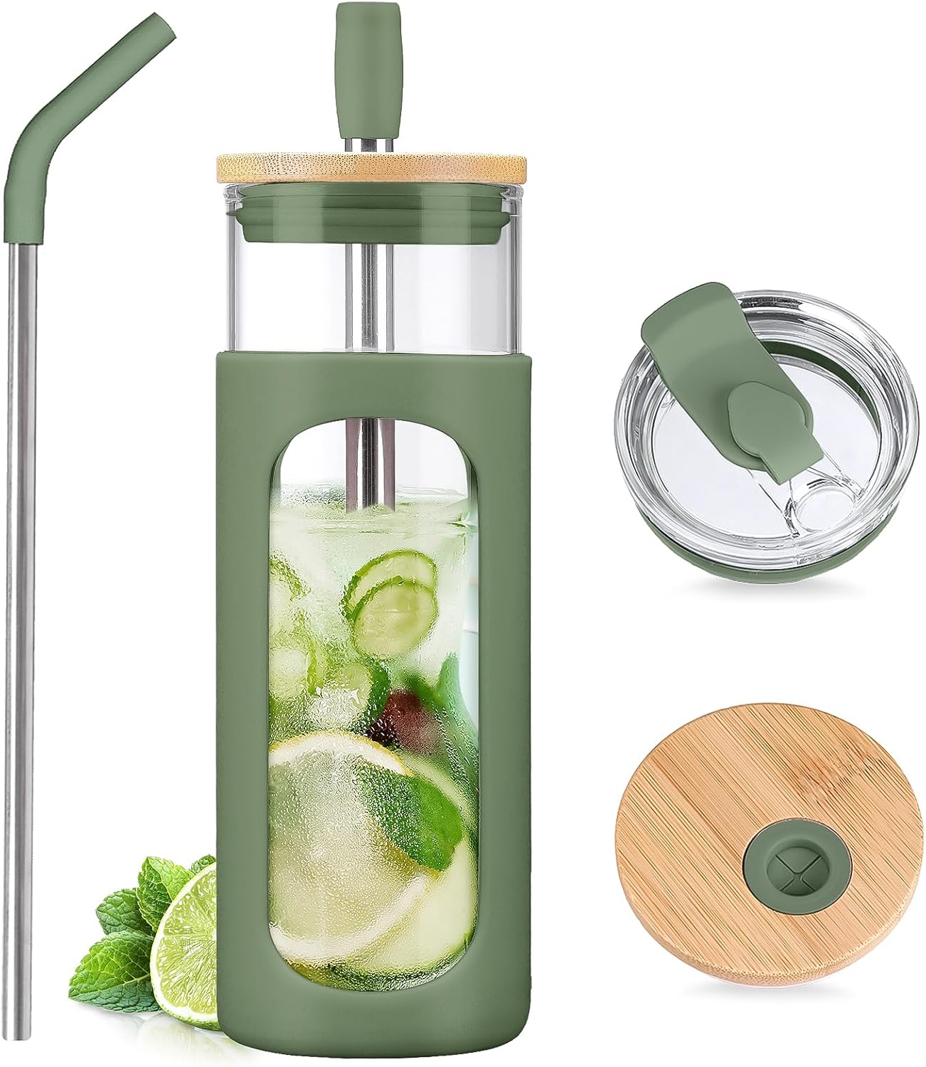 Kodrine 20oz Glass Water Tumbler with Straw and Lid, Bamboo Lids Water Bottle, Iced Coffee Cup Reusable, Wide Mouth Smoothie Cups with Protective Silicone Sleeve BPA FREE-Black - Colors A