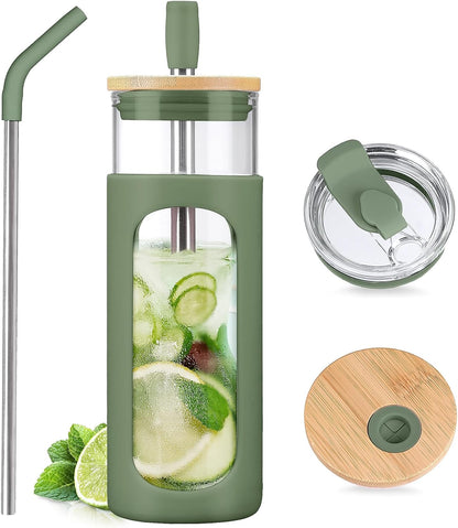Kodrine 20oz Glass Water Tumbler with Straw and Lid, Bamboo Lids Water Bottle, Iced Coffee Cup Reusable, Wide Mouth Smoothie Cups with Protective Silicone Sleeve BPA FREE-Black - Colors A