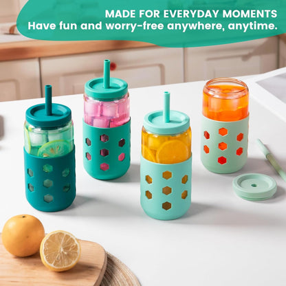 Mrsdry Glass Cups with Lids and Straws (4 Pcs), 16oz Drinking Glasses Set with Silicone Sleeves for Coffee Bar Accessories Iced Coffee Cups with Lids, Glass Tumbler Reusable for Gifts