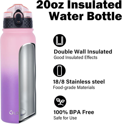 Oldley Insulated Water Bottle 20oz for Adults Kids Stainless Steel Water Bottles with Straw/Chug/Carabiner 3 Lids Fruit Strainer Double Wall Vacuum Wide Mouth BPA Free Leak-Proof for School Travel
